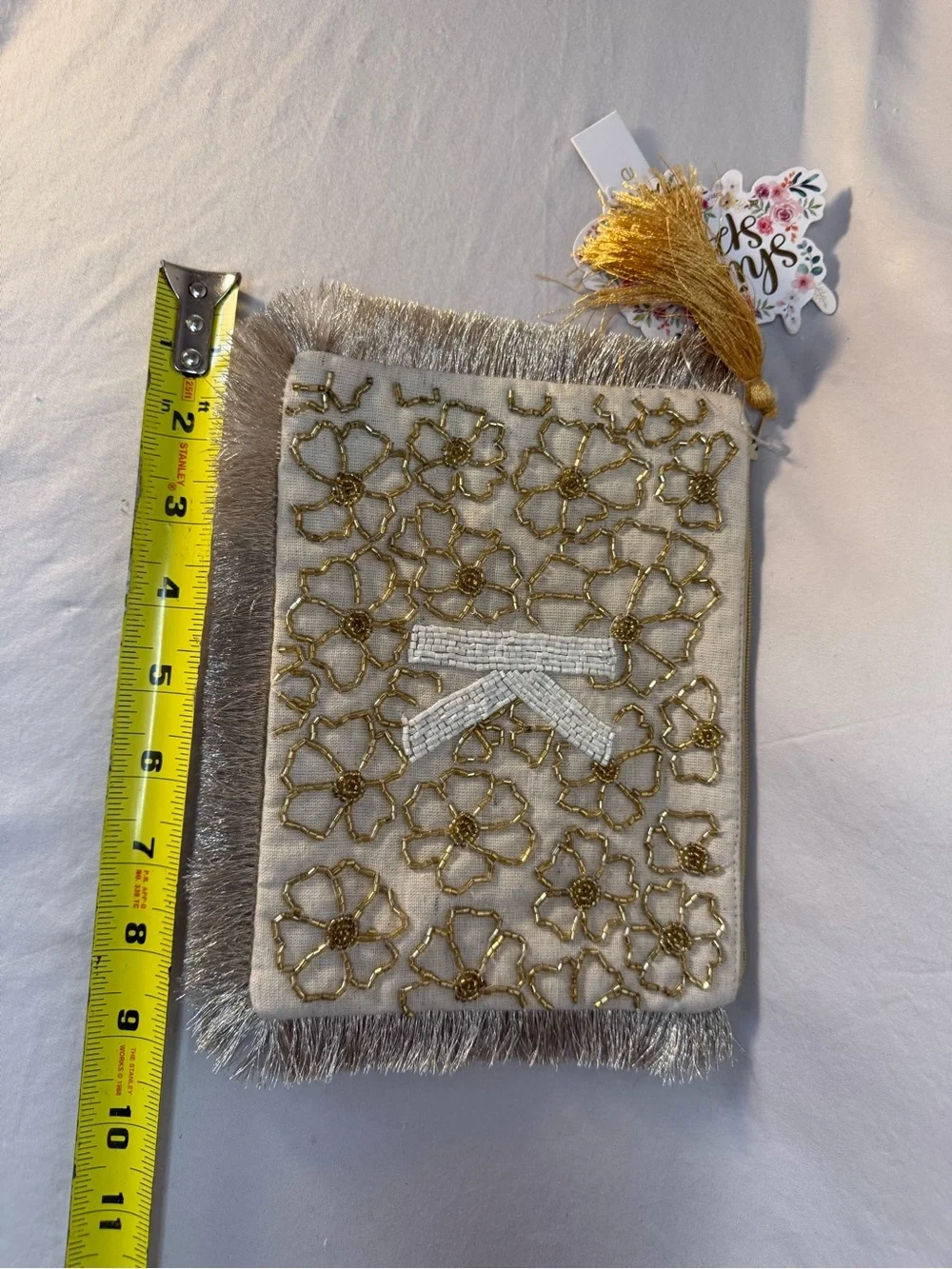 Source Unknown Ivory and Gold Beaded Floral Cosmetic Pouch with Tassel